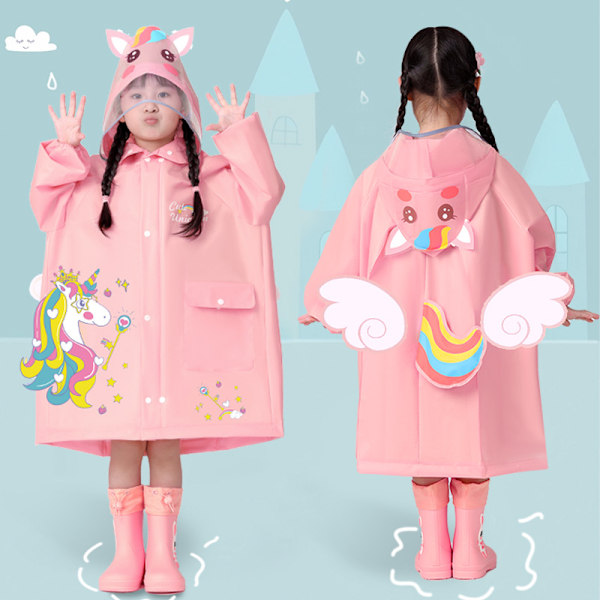 Lasten sadetakki pojille ja tytöille alakouluikäisille uusi tyyli lapsille 3-10 vuotta vanhoille lapsille kouluun koululaukkujen kanssa sadetakki Pink-Unicorn L Height 110-125 cm