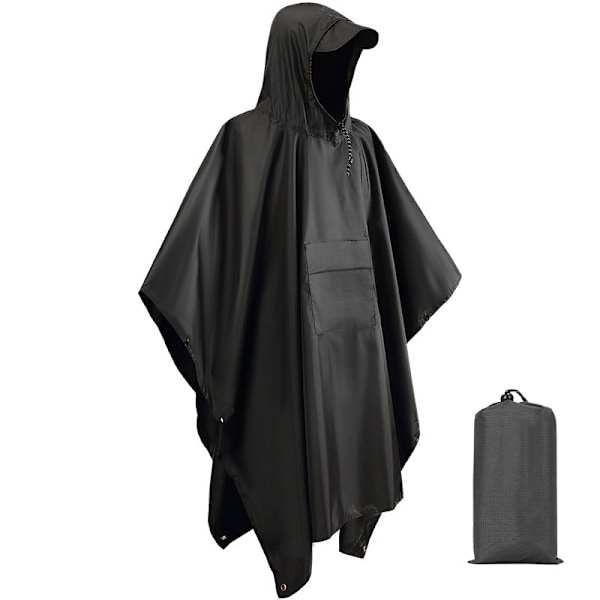 Udendørs bjergbestigning regnfrakke tre-i-en multifunktionel voksen cape regnfrakke PU vandtæt 210T polyester måtte baldakin black
