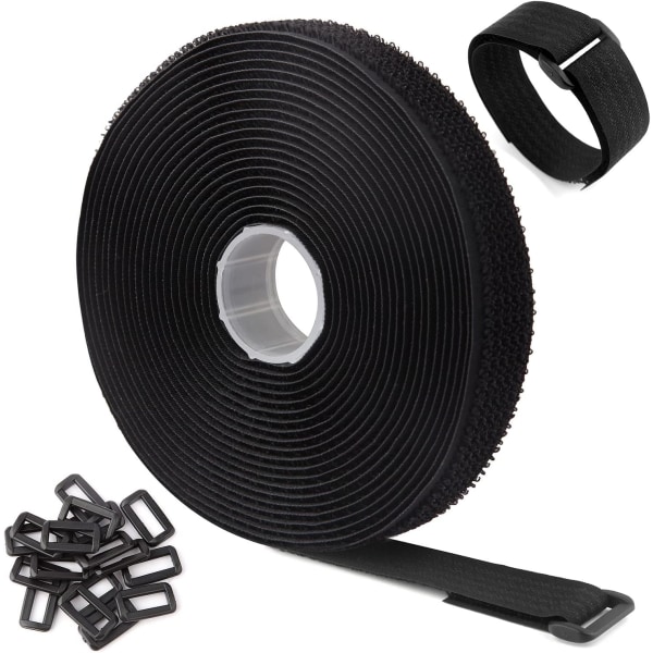 5 m justerbara kabelremmar med 25 öglor, svarta återanvändbara buntband, kardborreband för kabelhantering (5m x 2cm, svart)