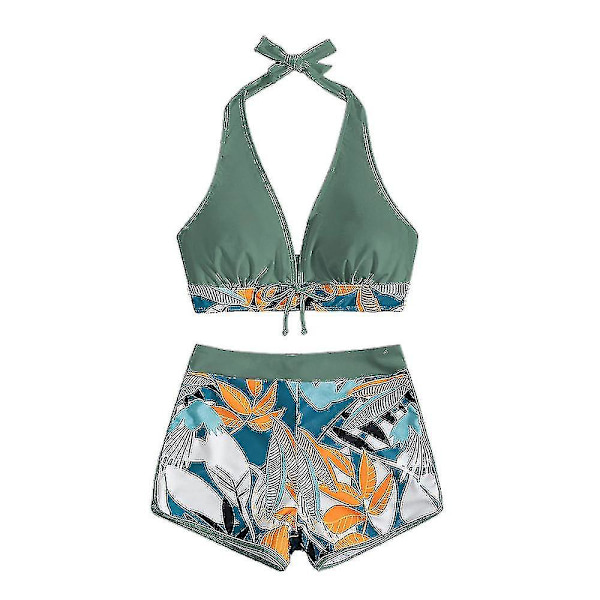 Dambikini med Halterneck Push Up BH, Baddräkt med Shorts, Tvådelad Baddräkt, Sommarstrandkläder, Badkläder Dark Green M