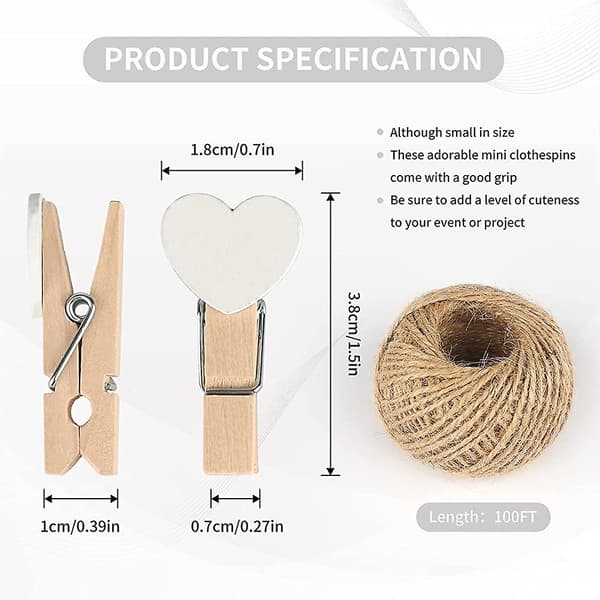 Hjerte Klesklyper, 100 stk Mini Klesklyper i Tre, Hvite Fotopapirklemmer Med 30 Meter Jute