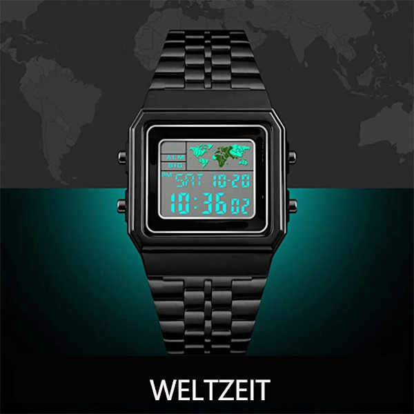 Herrar Digital Klocka Stoppur Band Alarm Världstid Datum Vecka Metall Armband Utomhus Affärs Klocka