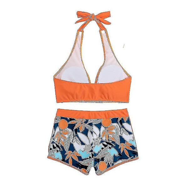 Dambikini med Halterneck Push Up BH, Baddräkt med Shorts, Tvådelad Baddräkt, Sommarstrandkläder, Badkläder Orange L