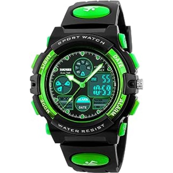 Kid's Digital Watch LED Outdoor Sports 50M Waterproof Watches Boys Children's Analog Quartz Wristwatch with Alarm - Green