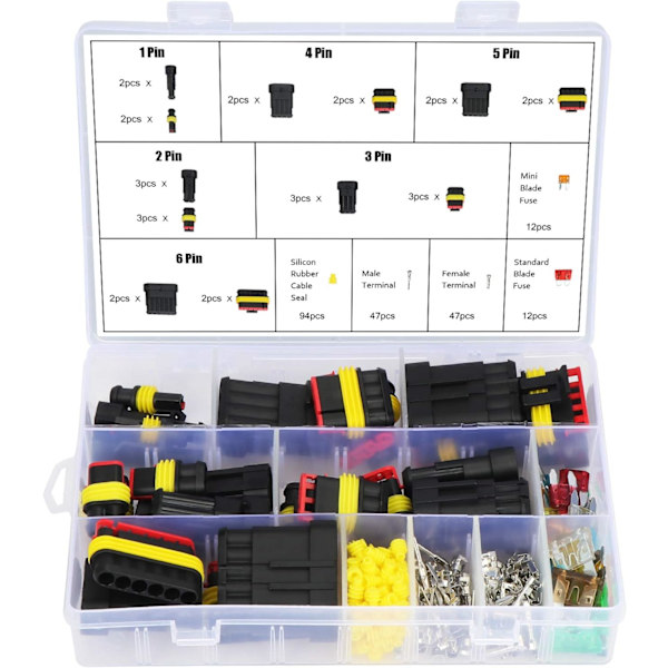 Vandafvisende Biltrådforbindelse Elektriske Terminaler Stik 1/2/3/4/5/6 Pins med 240 stk. Bilsikringer