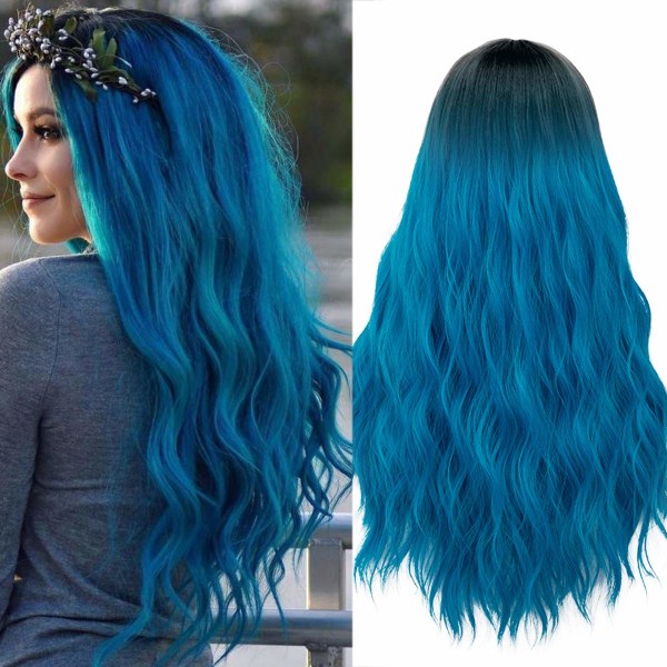 Blå parykker for kvinner Langt blå krøllete bølget hår parykk Naturlig søt pastell fargerik parykk med pustende parykkhette