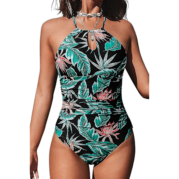 Dam badkläder i ett stycke med hög hals, strandkläder, rynkad magkontroll, baddräkt Green Leaf L