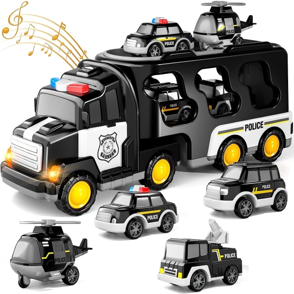 Politilastbillegetøj til småbørn 3 4 5 6 år gammel, 5 i 1 lastbil Friktionskraftlegetøjsbil Julefødselsdagsgaver til 3-5-årige drenge og piger