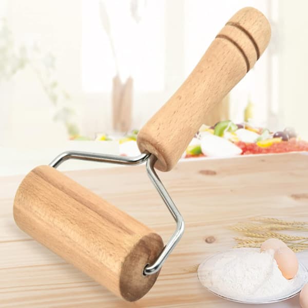 2-pakning T-formet kjevle, pizzarulle deigrulle, pastarulle med håndtak, rustfri rulle, til kakebaking, pizza, fondant og kjeks (brun)