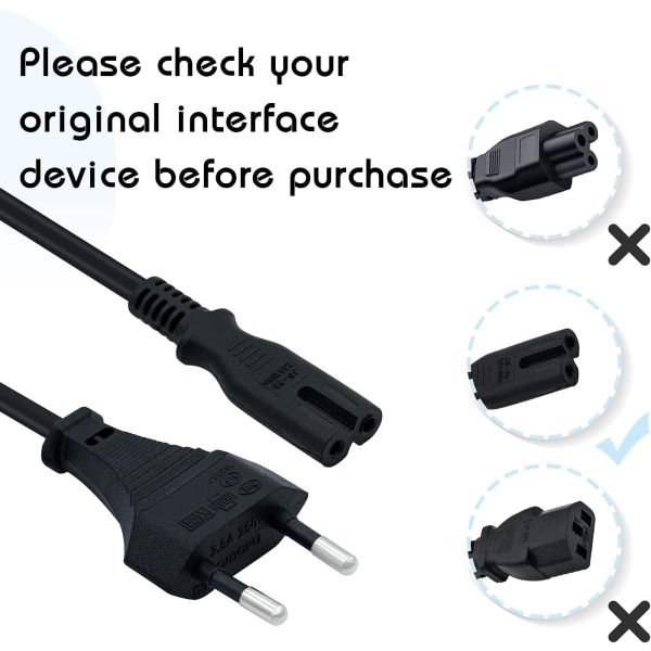 1,5 M (4,9 FT) EU-kontakt C7 Power Bipolar 2-kabel för PS5 / PS4 / PS3 / Xbox Series X / S - Svart