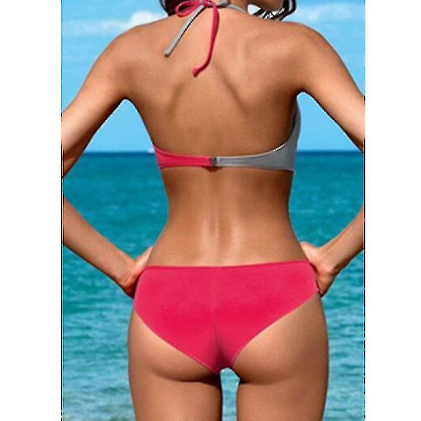 Färgblockerad Bikiniuppsättning för Kvinnor, Vadderad Push-Up Baddräkt, Halterhals Baddräkt Light Grey Rose Red M