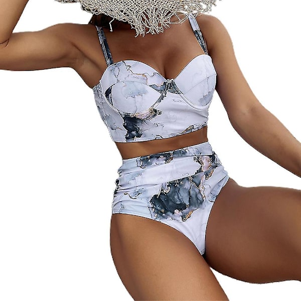 Kvinnors sommarsemester strandbikini set sexig behå topp hög midja trosor baddräkt badkläder B 2XL