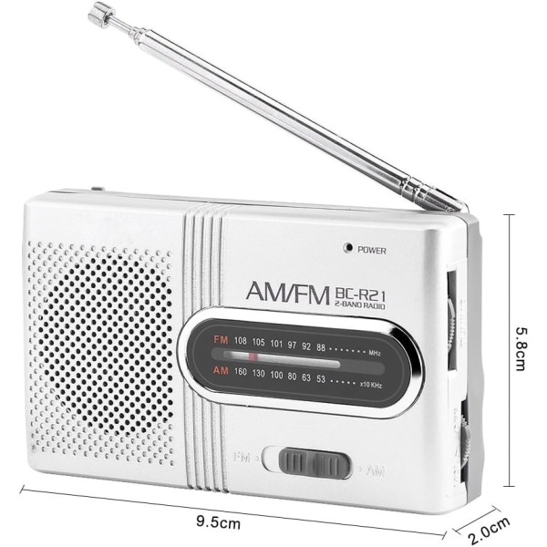 Bärbar Radio, FM-Radiospelare med 2 AA-batterier (ingår ej), Miniradio med inbyggd högtalare, Silver