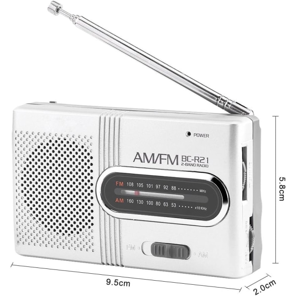 Bärbar radio, FM-radiospelare som drivs av 2 AA-batterier (ingår ej), miniradio med inbyggd högtalare, silver