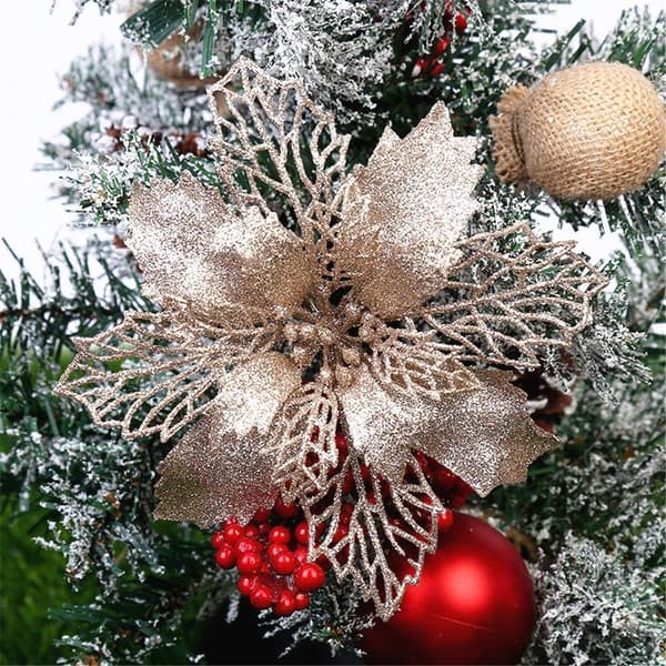 12 stk. Glitter Juleblomst Blomster, Juleblomst Dekorationer