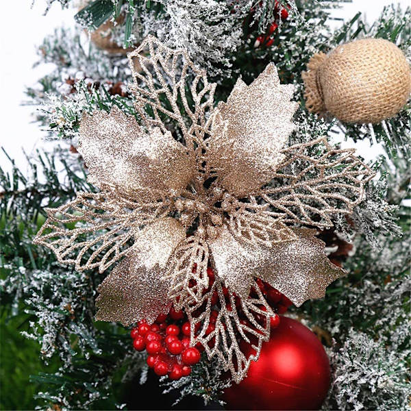 12 stk. Glitter Juleblomst Blomster, Juleblomstdekorasjoner