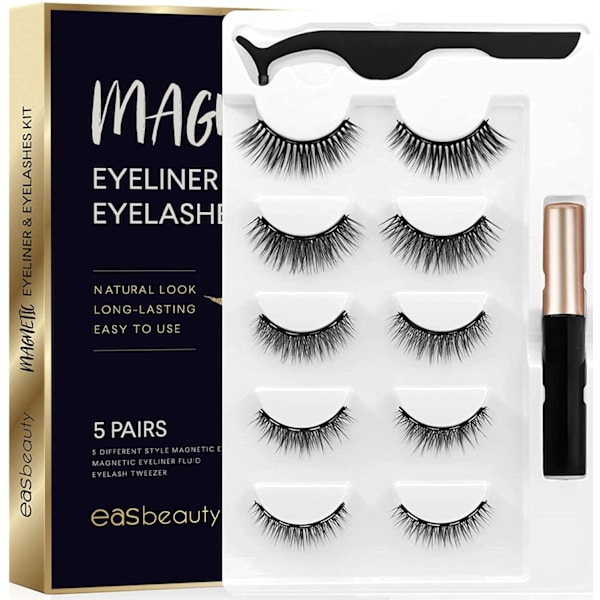 Uppgraderad Magnetisk Eyeliner och Ögonfransar Kit 2020, Magnetiska Ögonfransar med Eyeliner, Falska Fransar 5 Par med Pincett