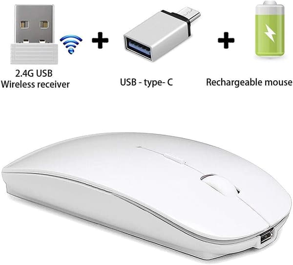 Laderbar Trådløs Mus for Chromebook Win8/10 Stasjonær Datamaskin MacBook (Hvit)