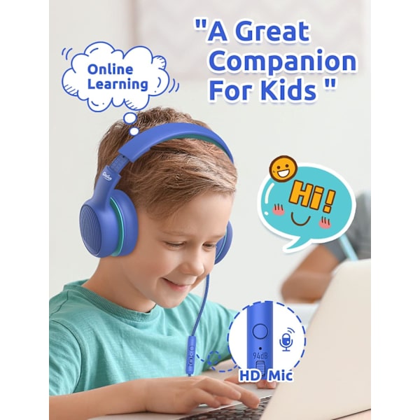 Børnehovedtelefoner med 85dB/94dB Lydbegrænsning Inline HD Mic Audio Release Foldbare Børnehovedtelefoner Justerbare Over-Ear Toddler Hovedtelefoner Blå