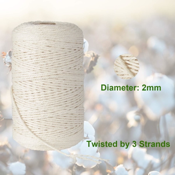 Makrameenaru, 2mm x 437 yd (noin 400m) 100% luonnonpuuvillaa, pehmeä, värjäämätön köysi, beige keltainen