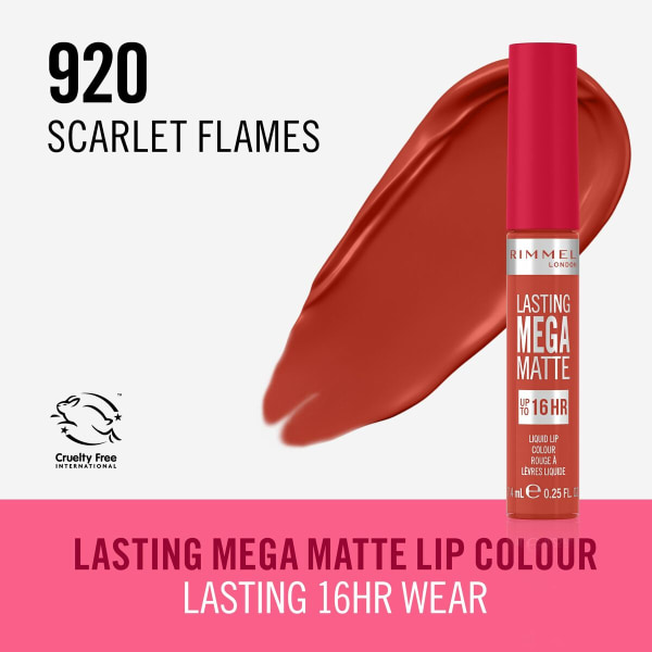 flytende leppestift Rimmel London Lasting Mega Matte Nº 920 Scarlet Flames 7,4 ml