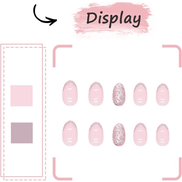 24st mandelpress på naglar Korta, franska spetsar falska naglar glänsande rosa glitter lösnaglar med klistermärken, ovala cover