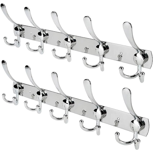 Väggkrok i rostfritt stål, klädkrokar för kappa/handduk/hatthylla, silver, 40 cm (2-pack 15 krokar)