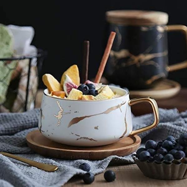 Cappuccino Kopper med Underkopper, 300ml Porcelæn Espresso Kopper til Te Kaffe Cappuccino, Kaffe Kopper med Træskive - Hvid White