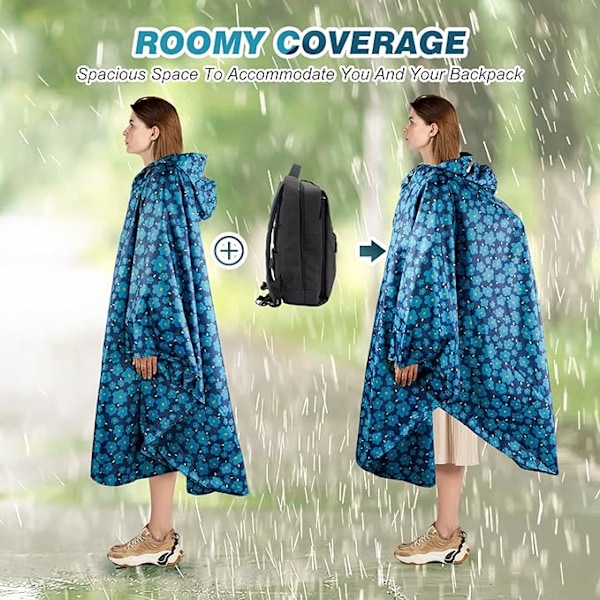 Regnrock för kvinnor, lång regnponcho, vattentät regnkläder, regnjacka, vindtät regnkåpa, regnrock, regnskyddskläder med flikficka Navy blue
