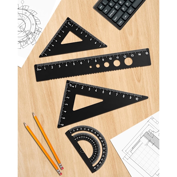 Kolmioviivainsetti, 4 kappaletta alumiiniseosviivainta, metallipiirustusviivain, geometrinen kulmamittari opiskelijalle, piirtäjälle, insinööreille, (musta)