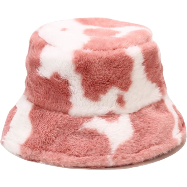 Vinter Faux Fur Bucket Hat Fluffy Varm Hat til Kvinder Mænd Ko Print Pink