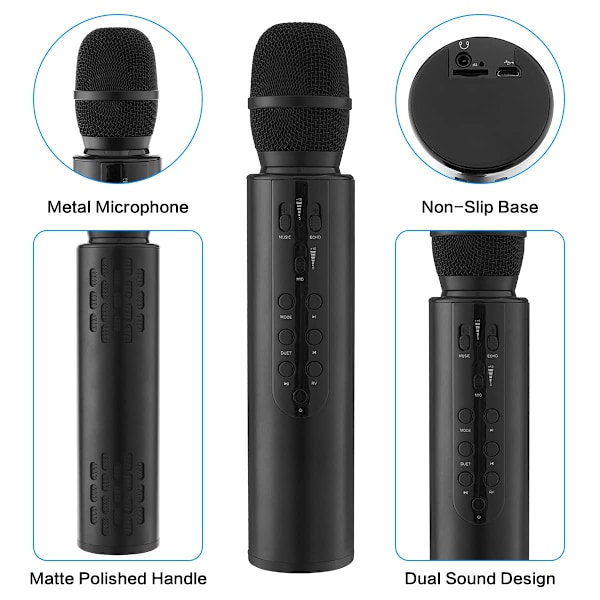 Karaoke trådlös mikrofon bärbar handhållen Bluetooth-högtalare mikrofon, trådlösa mikrofoner Karaoke-maskin Hem KTV-spelare Black