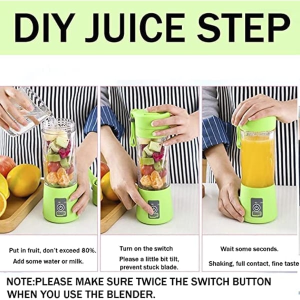 Bærbar Blender, Mini Smoothie Blender Milkshake Juicer Kopp Babymat Maker, Oppladbar med USB 380ml Seks Blad