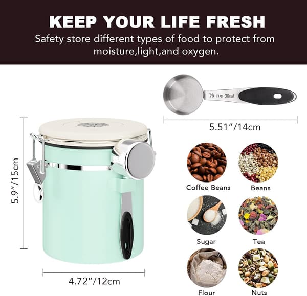Kaffebehållare för kaffebönor med CO2-ventil och skopa, 16 oz, grön
