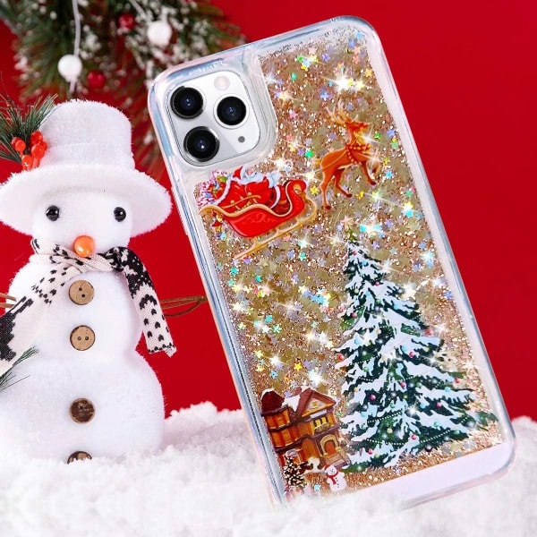 iPhone 11 Pro Max Case 6,5 tum Case, 3D Creative Merry Christmas Tree Mönster Glitter Quicksand Flödande Bling Sparkle Söt Mjuk TPU Transparent, Guld