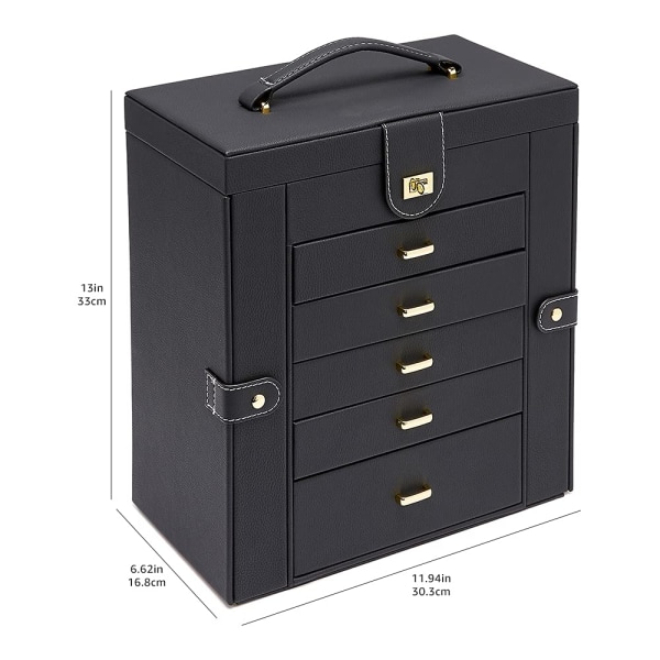 Stor 6-vånings rektangulär smyckeskrin i läder med sidofack, svart, 12,00\" x 6,61\" x 13\" (30,3 cm x 16,8 cm x 33 cm) (LxBxH)
