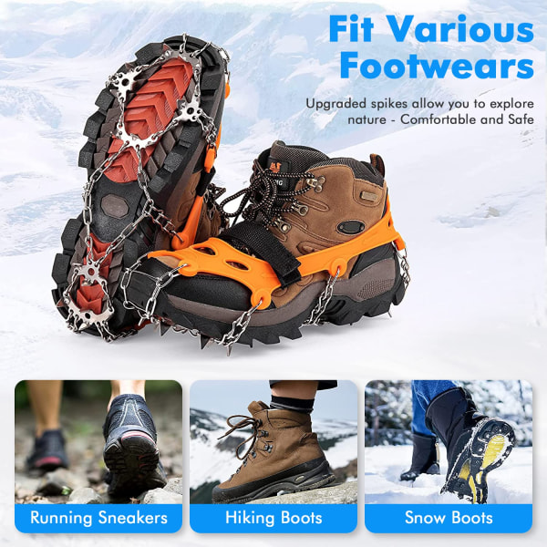 Issnow-grep for sko og støvler, 24 pigger trekkraftklemmer Anti Slip Ice Cleat Spikes Crampons, rustfritt stål sikkerhet for vinterklatring fotturer M M