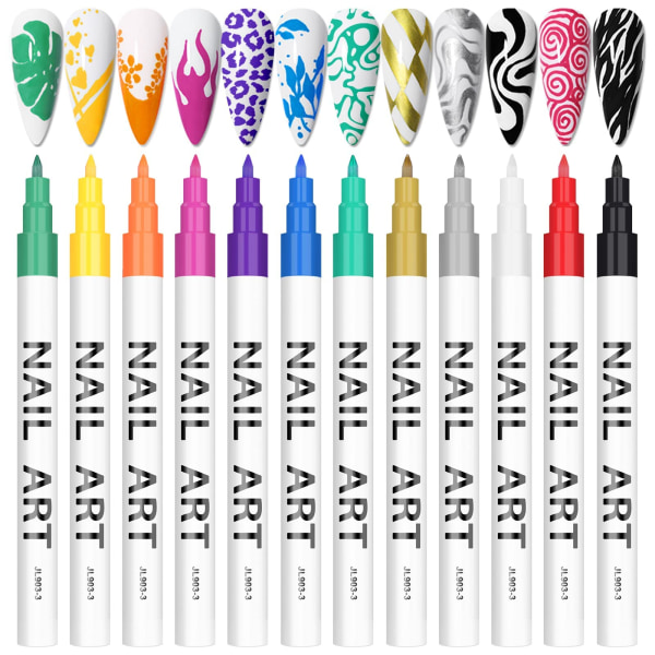 12 Farger 3D Nail Art penner Sett, Nail Point Graffiti Dotting Pen Tegning Maling Liner Pensel for DIY Nail Art Skjønnhet Pryd verktøy til jul