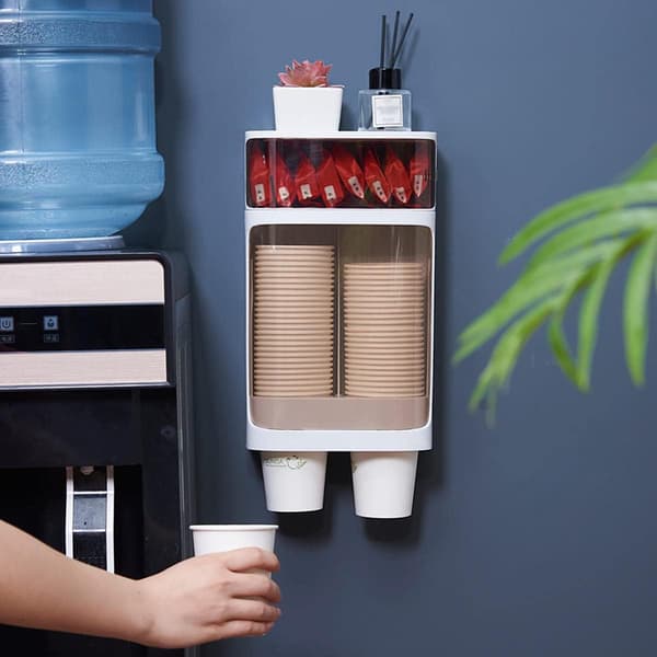 Väggmonterad koppdispenser, dubbelkoppdispenser med förvaringslåda, vit
