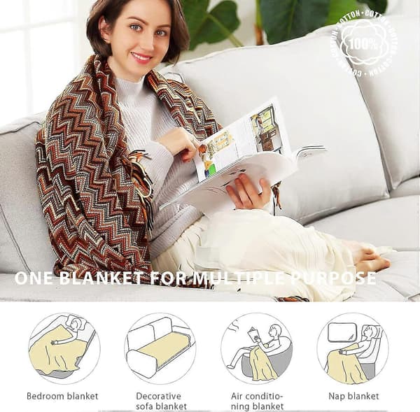 Strikket pledd med dusk, houndstooth, boho-rutete koseteppe, strikket pledd, sengeteppe, sofapledd, dekorativt pledd til sofa, seng, yell