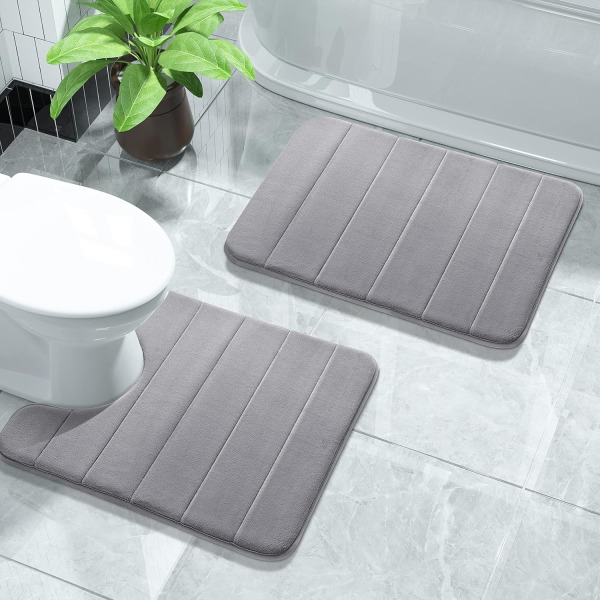 Bath Mat Set, 2 Piece Soft Bathroom Rugs, 43x61 cm and 61 x 52 cm U-Shaped Bathroom Rugs, Toilet Mat, Water Absorption, Non Slip, Gray