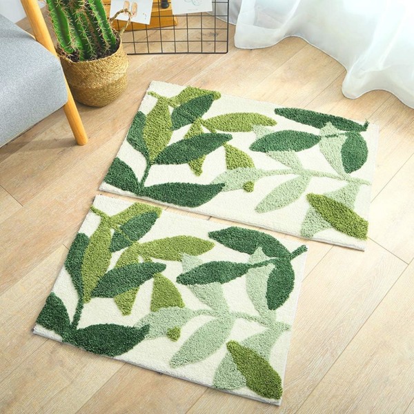 Halkskyddad badrumsmatta, supermjuk och vattenabsorberande, maskintvättbar mikrofiber badrumsmatta för badrum, sovrum, kök (50 x 80 cm grönt blad) 50*80cm