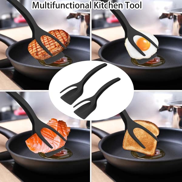 2 stk. Eggespade, 2 i 1 Spatel Tang Egg Spatel, Grip og Flip Spatel Tang, Plastspatel (Svart)