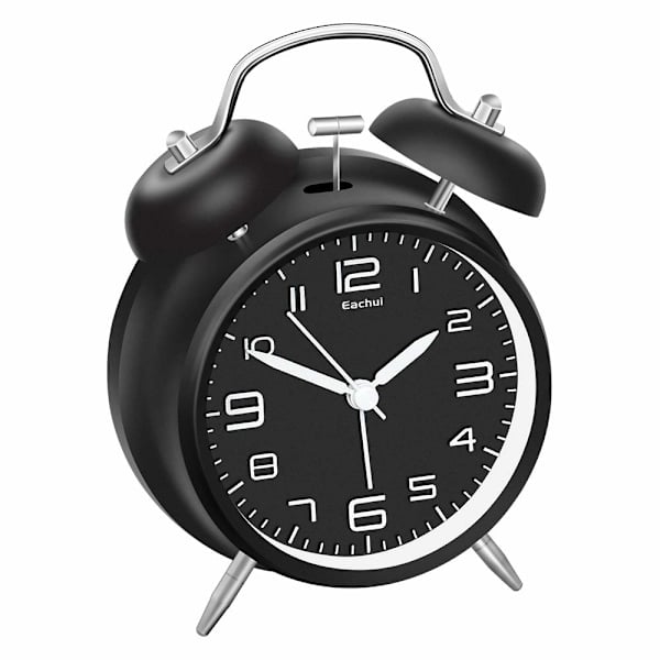 Dubbelklocka väckarklocka med nattlampa, högt alarm, analog väckarklocka med stor 4-tums urtavla, ingen tickande, tyst, väckarklocka batteridriven