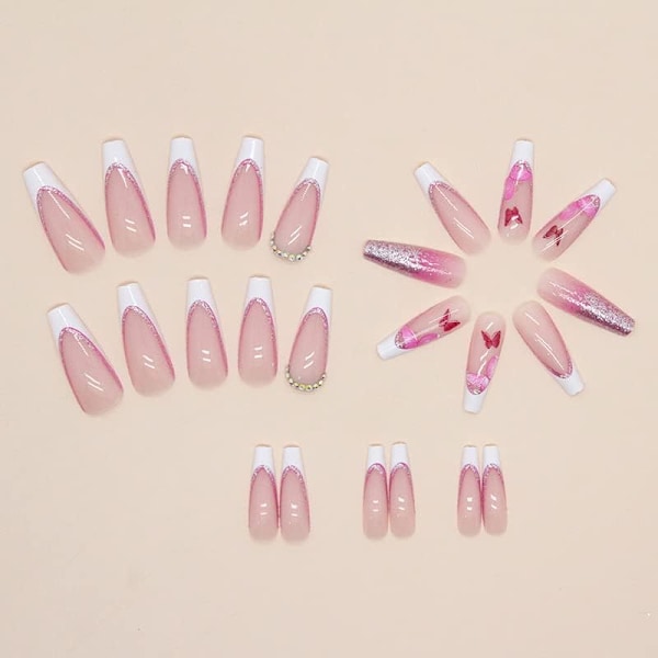 24 stk Lange Kistefalske Neglfranske Spiss Hvit Kant Stick-on Negl Rhinestone Butterfly Press-on Negl Glitter Rosa Avtakbar Lim-på Negl Full