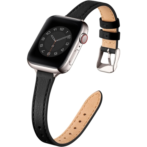 Kompatibel med Apple Watch-rem 38mm 40mm 41mm, äkta läderrem ersättning, smal tunn handledsrem för iwatch Series 7/6/5/4/3/2/1, SE (svart) Black