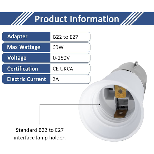 2-pack B22 till E27 Sockelomvandlare, Bajonett till Skruv Edison Glödlampa Adapter, BC till ES Lampbas Adapter, Max Effekt 60W, Spänning 0-250V