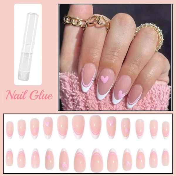 Franska falska naglar, 24 st franska tippar tryck på naglar, falska naglar med mandel medellång design, vita nageltippar falska naglar med rosa hjärtmönster 2