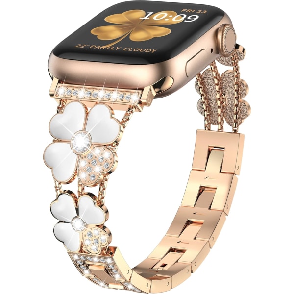 Bling-rem for Apple Watch 38mm 40mm 41mm for kvinner, iWatch Series 8 7 6 SE 5 4 3 2 1 smykke i metall, roségull/hvit White