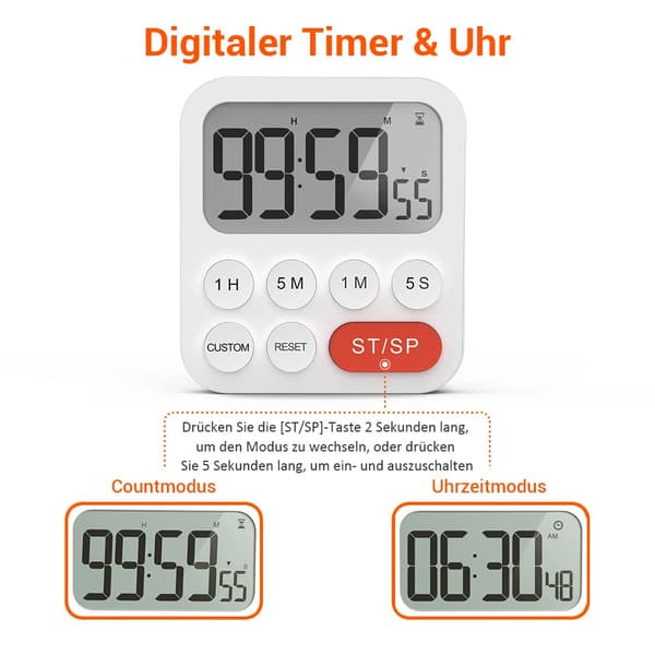 Digital kökstimer magnetisk stoppur timer med klocka, magnet, 3-nivå volym, LCD-display för matlagning, sport, studier, 2 AAA-batterier